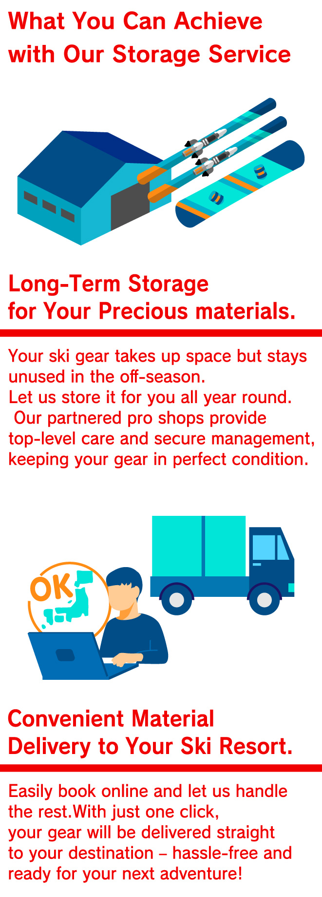 SNOWTECH Ski Storage Service でできること。あなたの大切なギアを長期間お預かりします。スキー場へギアをお届けします。